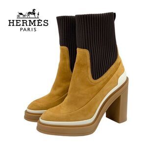 Hermes Boots Short Boots Sock Boots Shoes Suede Fabric Bicolor Camel Brown